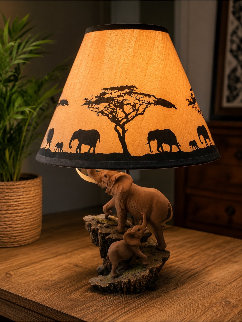Safari Elephant Table Lamp with Elephant Family Base & Wildlife Shade